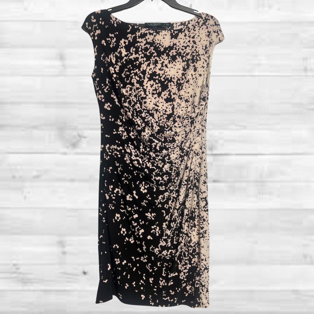 Ralph Lauren Black White Floral Ruched Dress, Cap Sleeves Knee Length, S…
